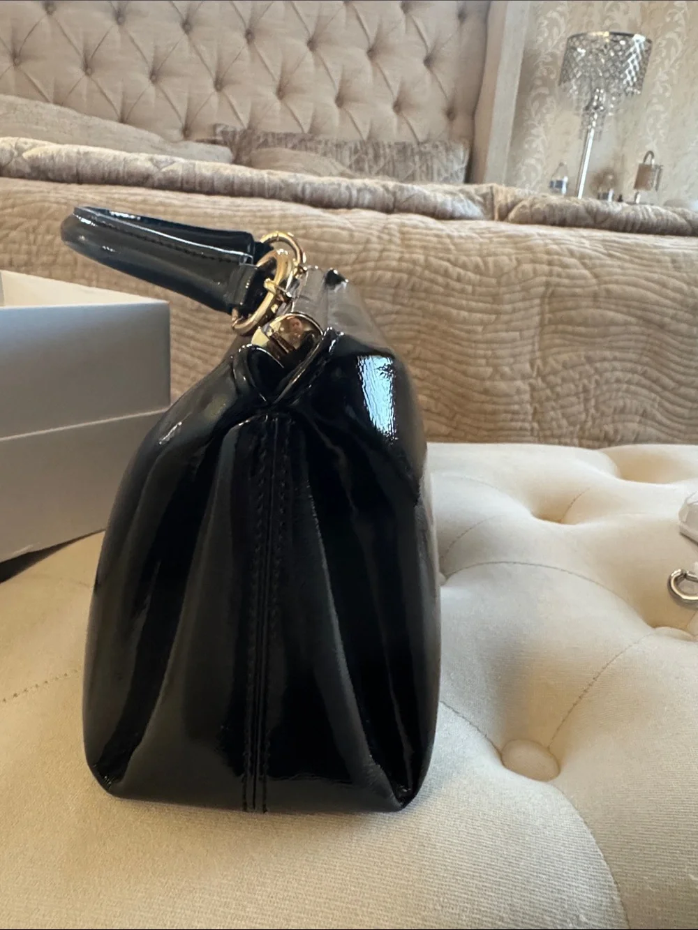 JW PEI Black Patent Top-Handle Clutch with Gold Hardware